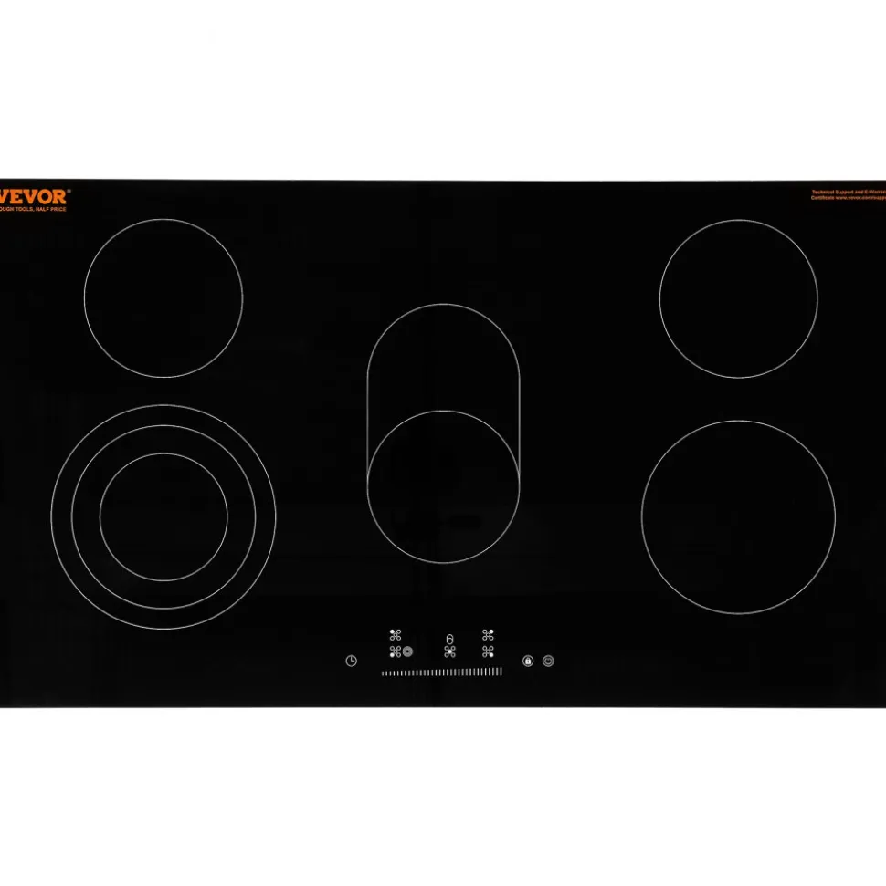 VEVOR Electric Cooktop, 36 inch 5 Burners Built-in Electric Stove Top, 8600W Ceramic Top Radiant Cooktop with Glass Panel, Touch Control, Timer, Child Lock, 9 Heat Level, 220-240V, Hard Wire (No Plug)