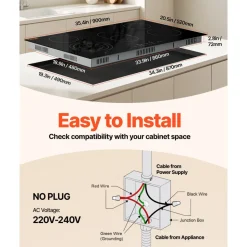 VEVOR Electric Cooktop, 36 inch 5 Burners Built-in Electric Stove Top, 8600W Ceramic Top Radiant Cooktop with Glass Panel, Touch Control, Timer, Child Lock, 9 Heat Level, 220-240V, Hard Wire (No Plug)