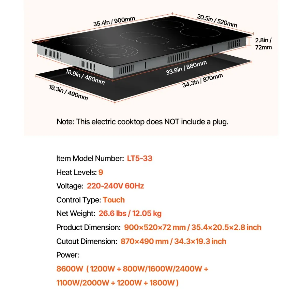 VEVOR Electric Cooktop, 36 inch 5 Burners Built-in Electric Stove Top, 8600W Ceramic Top Radiant Cooktop with Glass Panel, Touch Control, Timer, Child Lock, 9 Heat Level, 220-240V, Hard Wire (No Plug)