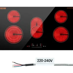 VEVOR Electric Cooktop, 36 inch 5 Burners Built-in Electric Stove Top, 8600W Ceramic Top Radiant Cooktop with Glass Panel, Touch Control, Timer, Child Lock, 9 Heat Level, 220-240V, Hard Wire (No Plug)