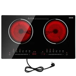 VEVOR Electric Cooktop 24inch 2 Burners Portable Stove Top 1800W 120V, Ceramic Countertop/Built-in Radiant Electric Stove , with 9 Power Levels, Timer, Child Lock, Over-Heat Guard, Touch Control