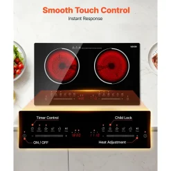 VEVOR Electric Cooktop 24inch 2 Burners Portable Stove Top 1800W 120V, Ceramic Countertop/Built-in Radiant Electric Stove , with 9 Power Levels, Timer, Child Lock, Over-Heat Guard, Touch Control
