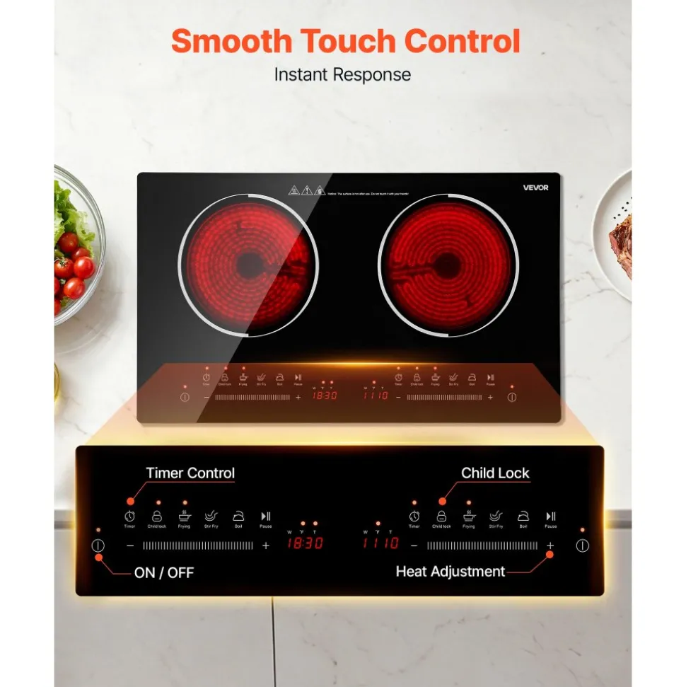 VEVOR Electric Cooktop 24inch 2 Burners Portable Stove Top 1800W 120V, Ceramic Countertop/Built-in Radiant Electric Stove , with 9 Power Levels, Timer, Child Lock, Over-Heat Guard, Touch Control