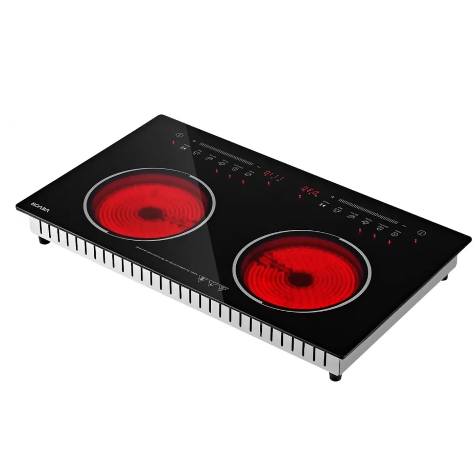 VEVOR Electric Cooktop 24inch 2 Burners Portable Stove Top 1800W 120V, Ceramic Countertop/Built-in Radiant Electric Stove , with 9 Power Levels, Timer, Child Lock, Over-Heat Guard, Touch Control