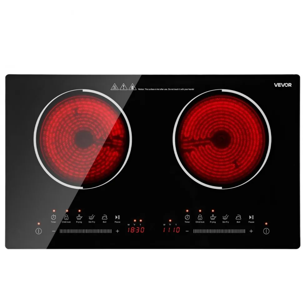VEVOR Electric Cooktop 24inch 2 Burners Portable Stove Top 1800W 120V, Ceramic Countertop/Built-in Radiant Electric Stove , with 9 Power Levels, Timer, Child Lock, Over-Heat Guard, Touch Control