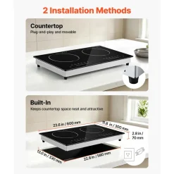 VEVOR Electric Cooktop 24inch 2 Burners Portable Stove Top 1800W 120V, Ceramic Countertop/Built-in Radiant Electric Stove , with 9 Power Levels, Timer, Child Lock, Over-Heat Guard, Touch Control