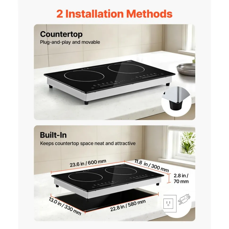 VEVOR Electric Cooktop 24inch 2 Burners Portable Stove Top 1800W 120V, Ceramic Countertop/Built-in Radiant Electric Stove , with 9 Power Levels, Timer, Child Lock, Over-Heat Guard, Touch Control