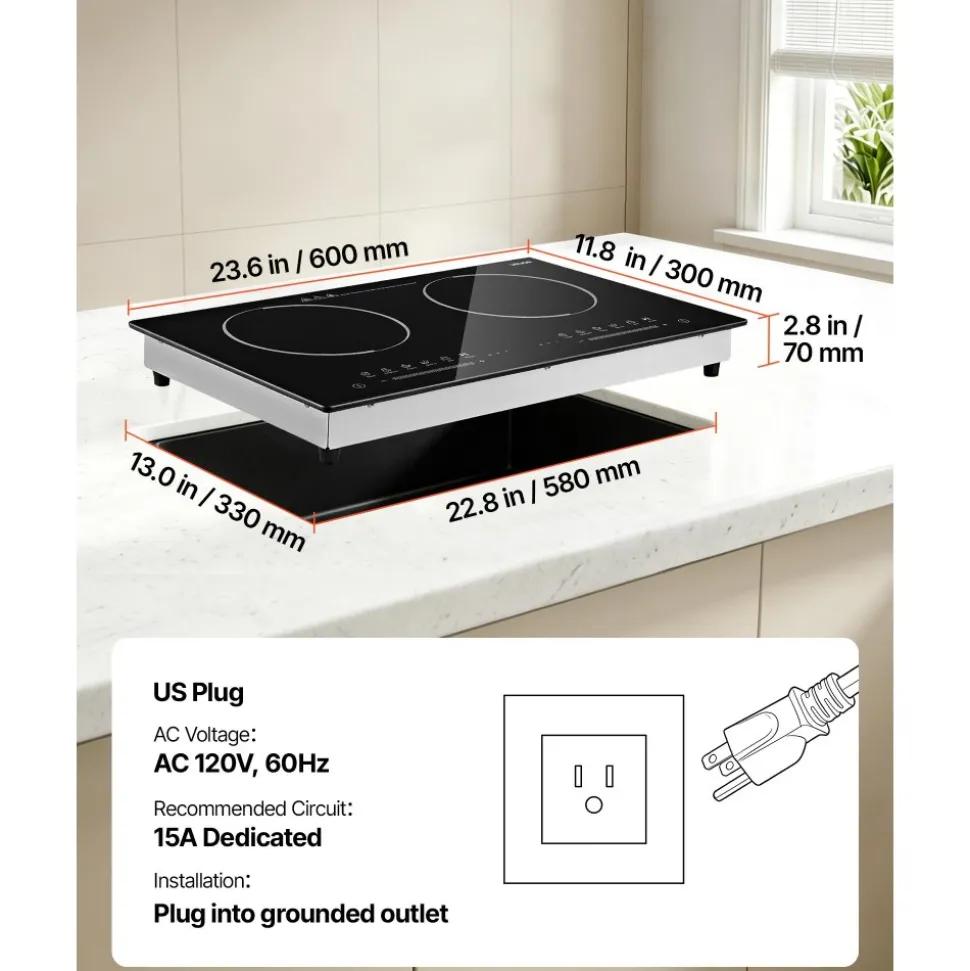 VEVOR Electric Cooktop 24inch 2 Burners Portable Stove Top 1800W 120V, Ceramic Countertop/Built-in Radiant Electric Stove , with 9 Power Levels, Timer, Child Lock, Over-Heat Guard, Touch Control