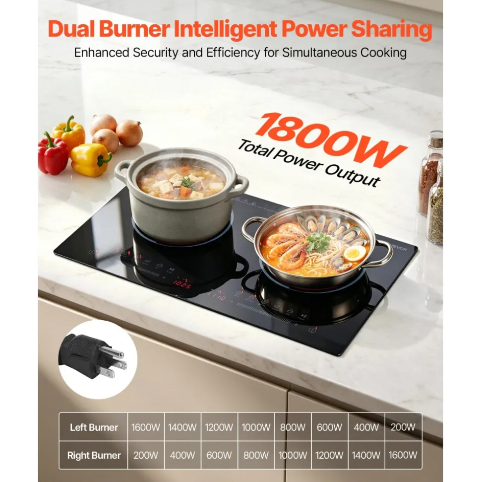VEVOR Electric Cooktop 24inch 2 Burners Portable Stove Top 1800W 120V, Ceramic Countertop/Built-in Radiant Electric Stove , with 9 Power Levels, Timer, Child Lock, Over-Heat Guard, Touch Control