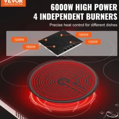 VEVOR Electric Cooktop 12inch 2 Burners Portable Stove Top 1800W 120V, Ceramic Countertop/Built-in Radiant Electric Stove, with 9 Power Levels, Timer, Child Lock, Over-Heat Guard, Touch Control