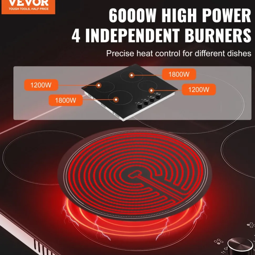 VEVOR Electric Cooktop 12inch 2 Burners Portable Stove Top 1800W 120V, Ceramic Countertop/Built-in Radiant Electric Stove, with 9 Power Levels, Timer, Child Lock, Over-Heat Guard, Touch Control