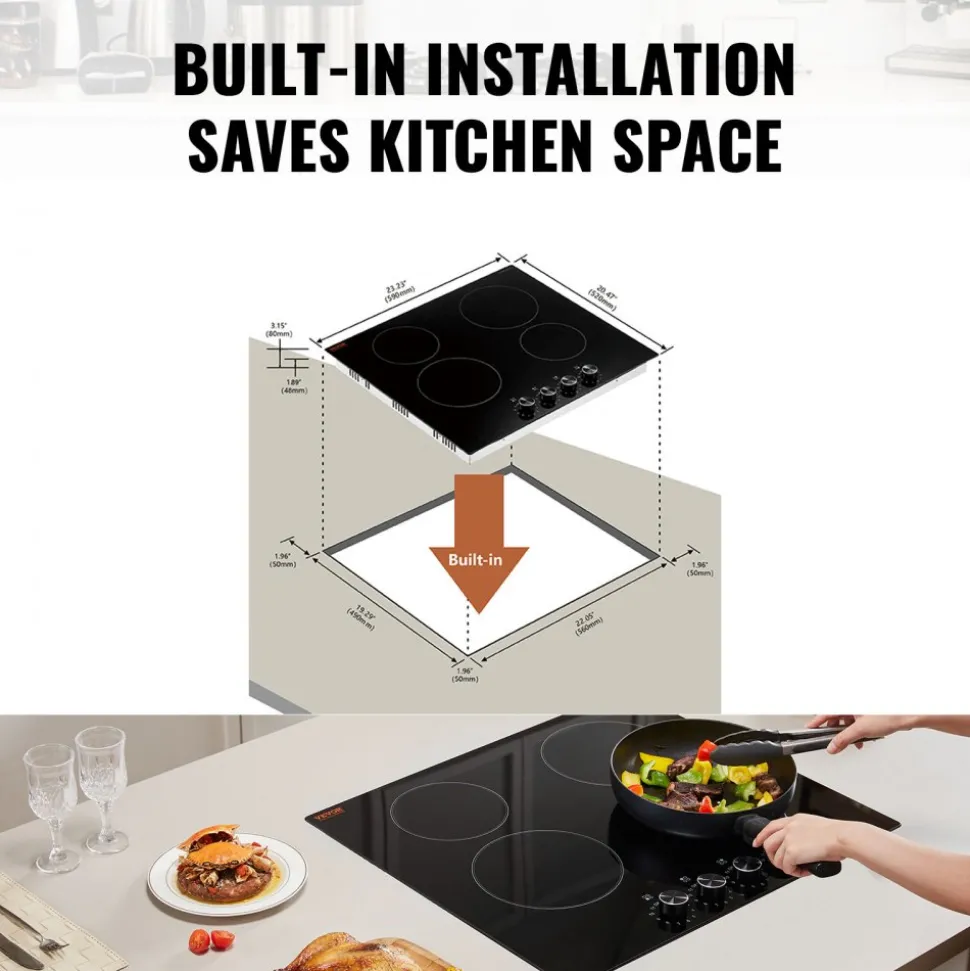VEVOR Electric Cooktop 12inch 2 Burners Portable Stove Top 1800W 120V, Ceramic Countertop/Built-in Radiant Electric Stove, with 9 Power Levels, Timer, Child Lock, Over-Heat Guard, Touch Control