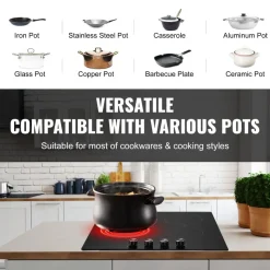 VEVOR Electric Cooktop 12inch 2 Burners Portable Stove Top 1800W 120V, Ceramic Countertop/Built-in Radiant Electric Stove, with 9 Power Levels, Timer, Child Lock, Over-Heat Guard, Touch Control