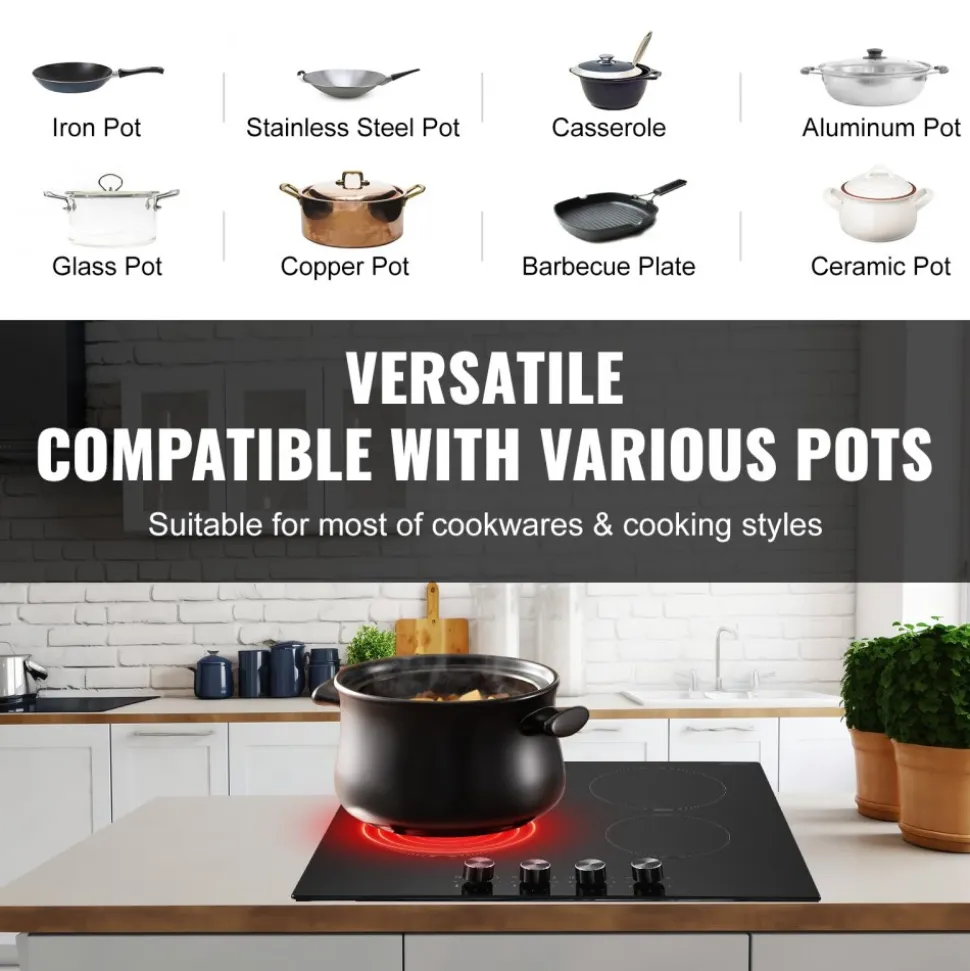 VEVOR Electric Cooktop 12inch 2 Burners Portable Stove Top 1800W 120V, Ceramic Countertop/Built-in Radiant Electric Stove, with 9 Power Levels, Timer, Child Lock, Over-Heat Guard, Touch Control