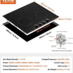 VEVOR Electric Cooktop 12inch 2 Burners Portable Stove Top 1800W 120V, Ceramic Countertop/Built-in Radiant Electric Stove, with 9 Power Levels, Timer, Child Lock, Over-Heat Guard, Touch Control