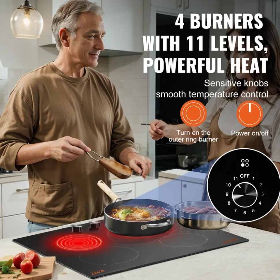 VEVOR Electric Cooktop 12inch 2 Burners Portable Stove Top 1800W 120V, Ceramic Countertop/Built-in Radiant Electric Stove, with 9 Power Levels, Timer, Child Lock, Over-Heat Guard, Touch Control