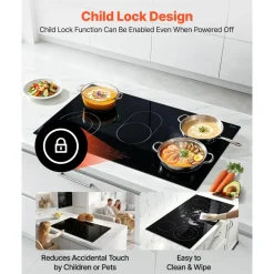 VEVOR Electric Cooktop 36inch 5 Burners Stove Top 8900W 220V No Plug, Ceramic Built-in Radiant Electric Stove , with 9 Power Levels, Timer, Child Lock, Over-Heat Guard, Touch Control