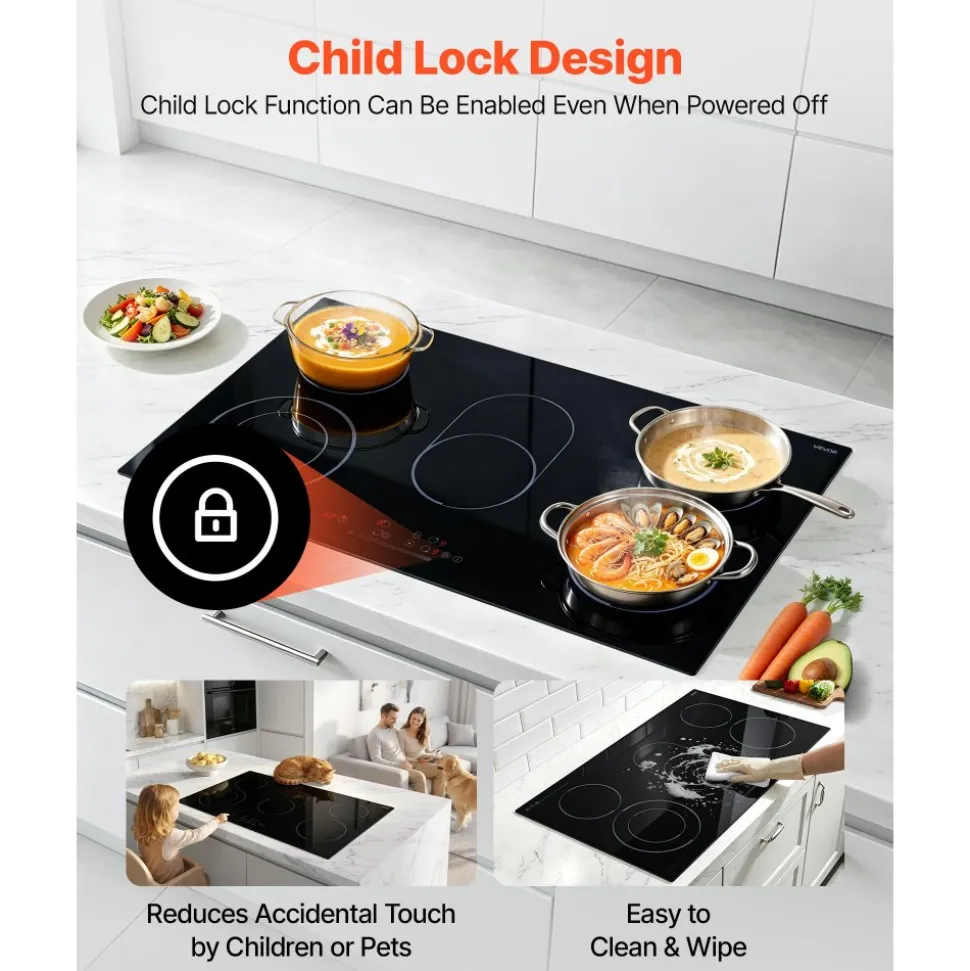 VEVOR Electric Cooktop 36inch 5 Burners Stove Top 8900W 220V No Plug, Ceramic Built-in Radiant Electric Stove , with 9 Power Levels, Timer, Child Lock, Over-Heat Guard, Touch Control