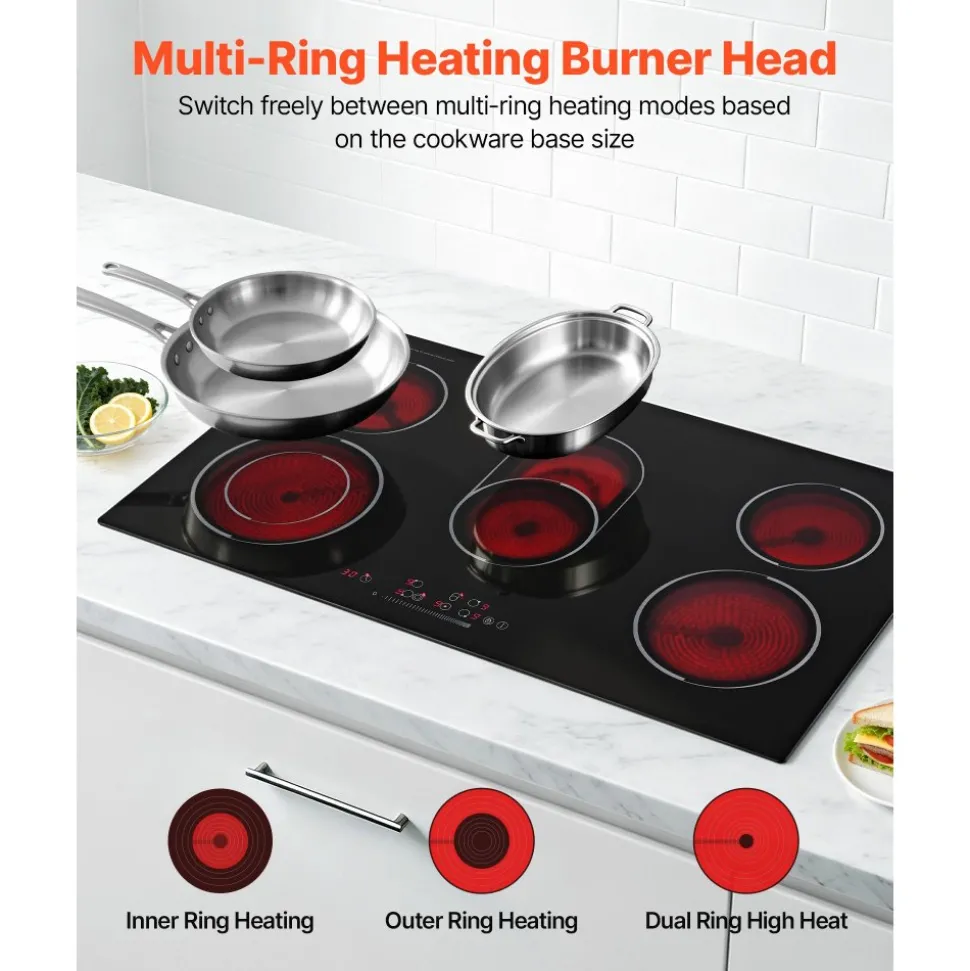 VEVOR Electric Cooktop 36inch 5 Burners Stove Top 8900W 220V No Plug, Ceramic Built-in Radiant Electric Stove , with 9 Power Levels, Timer, Child Lock, Over-Heat Guard, Touch Control
