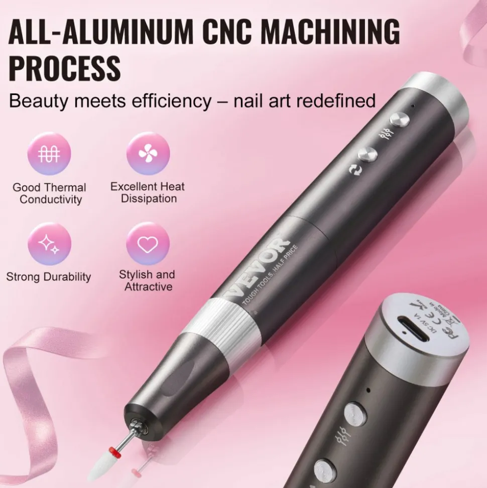 VEVOR Electric Cordless Nail Drill, 30,000RPM Variable-Speed Rechargeable Nail E File Machine, Portable Manicure Pedicure Polisher with 50PCS Sanding Bands for Dead Skin Removal, Nail Surface Smooth