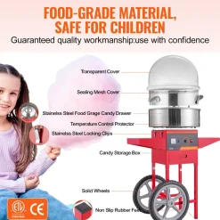 VEVOR Electric Cotton Candy Machine with Cart, 1000W Commercial Candy Floss Maker with Cover, Stainless Steel Bowl, Sugar Scoop and Drawer, Perfect for Home, Kids Birthday, Family Party, Red