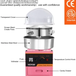 VEVOR Electric Cotton Candy Machine, 1000W Candy Floss Maker, Commercial Cotton Candy Machine with Stainless Steel Bowl, Sugar Scoop, and Cover, Perfect for Home Kids Birthday, Family Party Pink