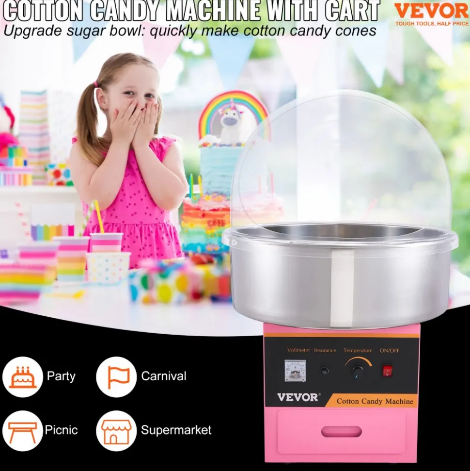 VEVOR Electric Cotton Candy Machine, 1000W Candy Floss Maker, Commercial Cotton Candy Machine with Stainless Steel Bowl, Sugar Scoop, and Cover, Perfect for Home Kids Birthday, Family Party Pink