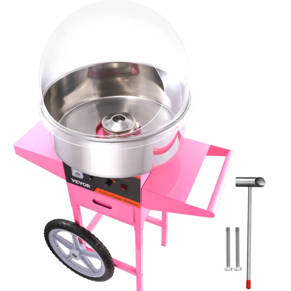 VEVOR Electric Cotton Candy Machine Cart with Bubble Cover Shield, 1000W Commercial Floss Maker with Stainless Steel Bowl, Sugar Scoop and Drawer, Perfect for Home, Kids Birthday, Family Party, Pink