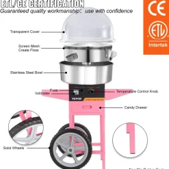 VEVOR Electric Cotton Candy Machine Cart with Bubble Cover Shield, 1000W Commercial Floss Maker with Stainless Steel Bowl, Sugar Scoop and Drawer, Perfect for Home, Kids Birthday, Family Party, Pink