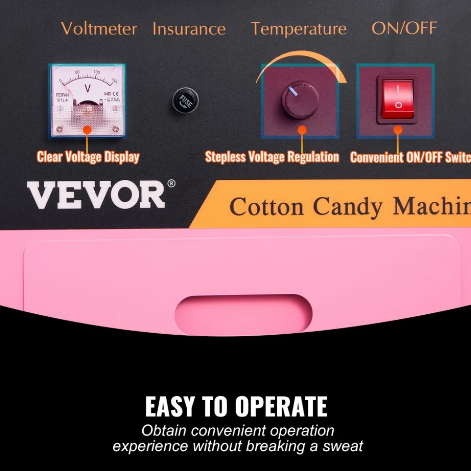 VEVOR Electric Cotton Candy Machine Cart with Bubble Cover Shield, 1000W Commercial Floss Maker with Stainless Steel Bowl, Sugar Scoop and Drawer, Perfect for Home, Kids Birthday, Family Party, Pink