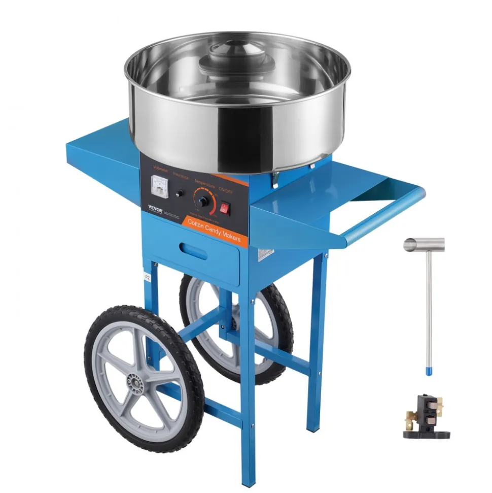 VEVOR Electric Cotton Candy Machine with Cart, 1000W Commercial Candy Floss Maker with Stainless Steel Bowl, Sugar Scoop and Drawer, Perfect for Home, Kids Birthday, Family Party, Blue