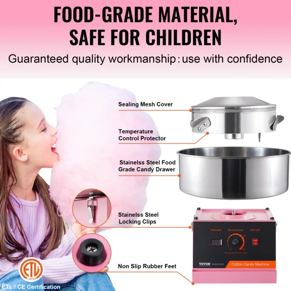 VEVOR Electric Cotton Candy Machine, 1000W Candy Floss Maker, Commercial Cotton Candy Machine with Stainless Steel Bowl, and Sugar Scoop, Perfect for Home Kids Birthday, Family Party (Pink)