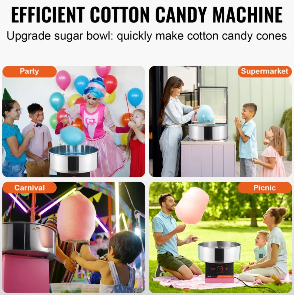 VEVOR Electric Cotton Candy Machine, 1000W Candy Floss Maker, Commercial Cotton Candy Machine with Stainless Steel Bowl, and Sugar Scoop, Perfect for Home Kids Birthday, Family Party (Pink)