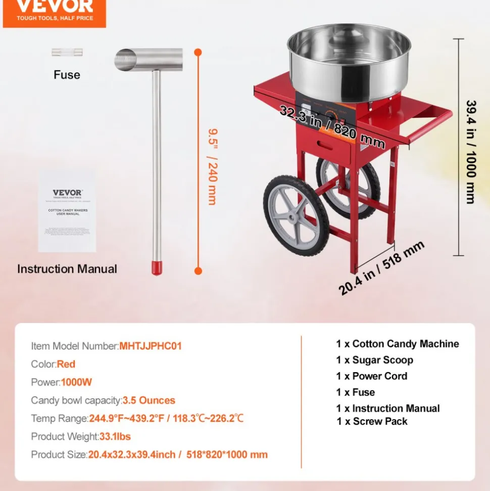 VEVOR Electric Cotton Candy Machine with Cart, 1000W Commercial Candy Floss Maker with Stainless Steel Bowl, Sugar Scoop and Drawer, Perfect for Home, Kids Birthday, Family Party, Red