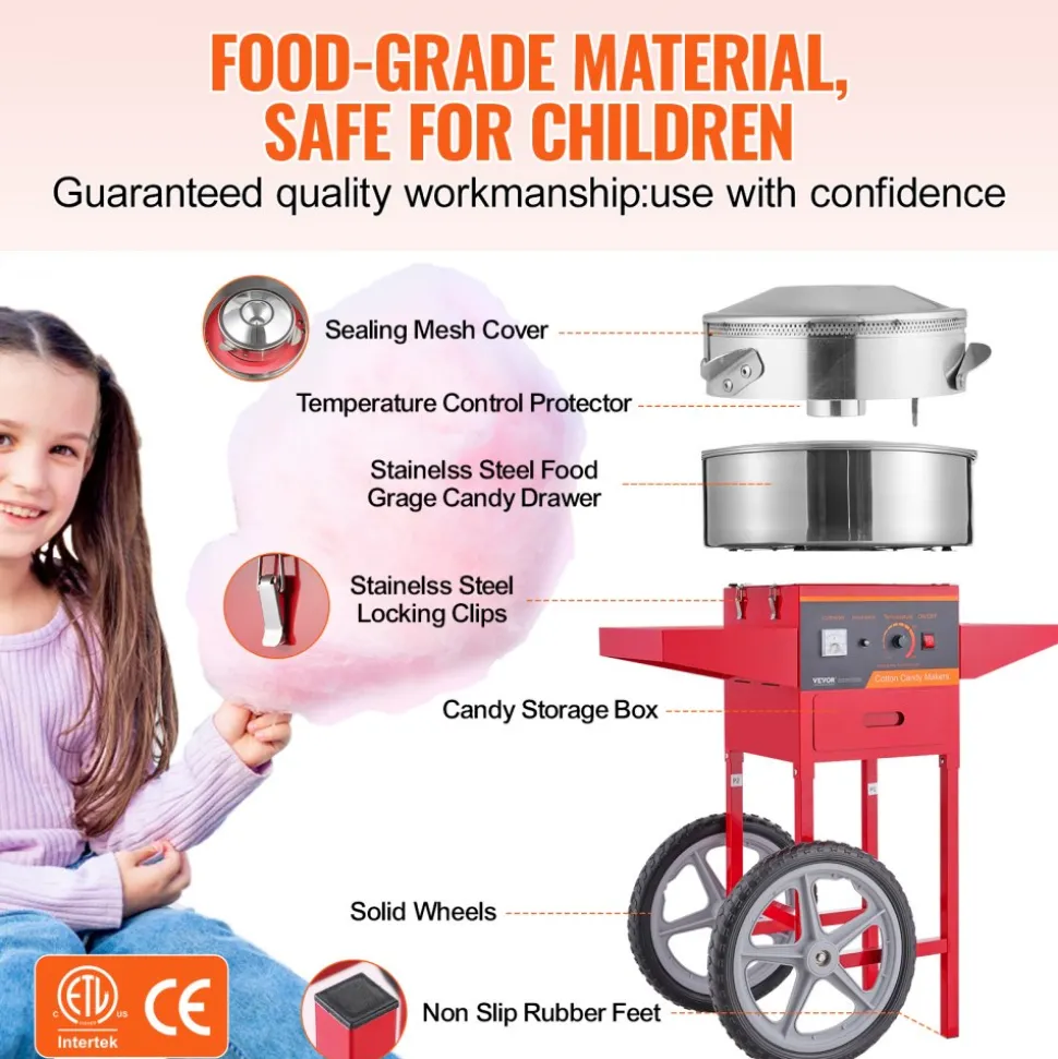 VEVOR Electric Cotton Candy Machine with Cart, 1000W Commercial Candy Floss Maker with Stainless Steel Bowl, Sugar Scoop and Drawer, Perfect for Home, Kids Birthday, Family Party, Red
