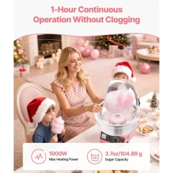 VEVOR Electric Cotton Candy Machine, 1000W Commercial Floss Maker With Cover, Commercial Cotton Candy Machine w/Stainless Steel Bowl & Sugar Scoop, Ideal for Carnival, Birthday, Family Party, Pink