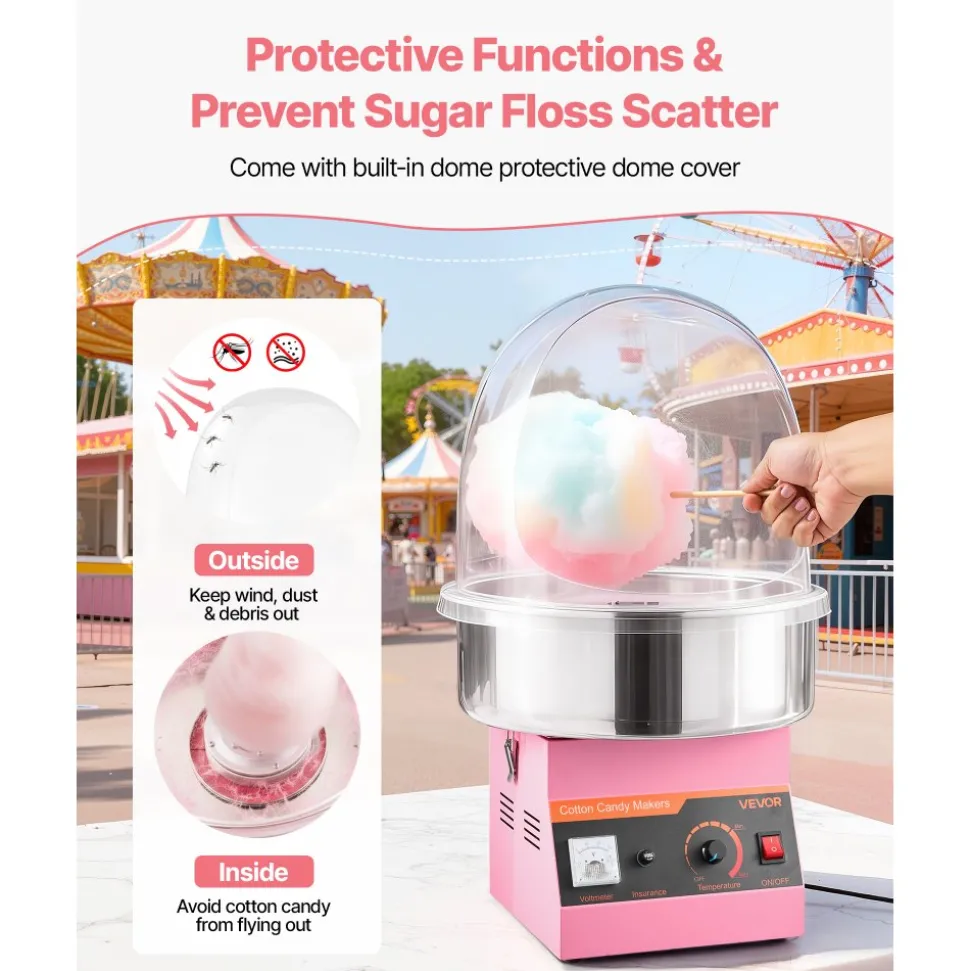 VEVOR Electric Cotton Candy Machine, 1000W Commercial Floss Maker With Cover, Commercial Cotton Candy Machine w/Stainless Steel Bowl & Sugar Scoop, Ideal for Carnival, Birthday, Family Party, Pink