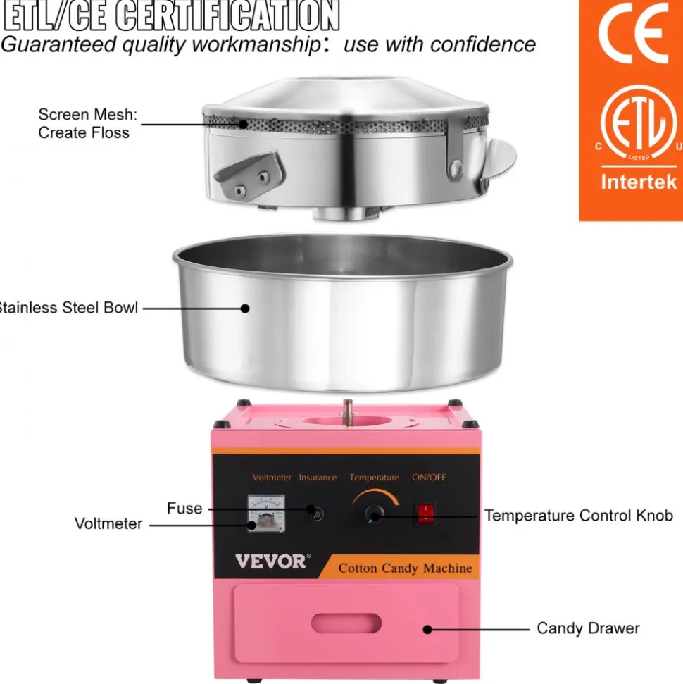 VEVOR Electric Cotton Candy Machine, 1000W Candy Floss Maker, Commercial Cotton Candy Machine with Stainless Steel Bowl, Sugar Scoop, and Drawer, Perfect for Home Kids Birthday, Family Party Pink