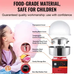 VEVOR Electric Cotton Candy Machine, 1000W Candy Floss Maker, Commercial Cotton Candy Machine with Cover, Stainless Steel Bowl, Sugar Scoop, Drawer, Perfect for Home Kids Birthday, Family Party, Red