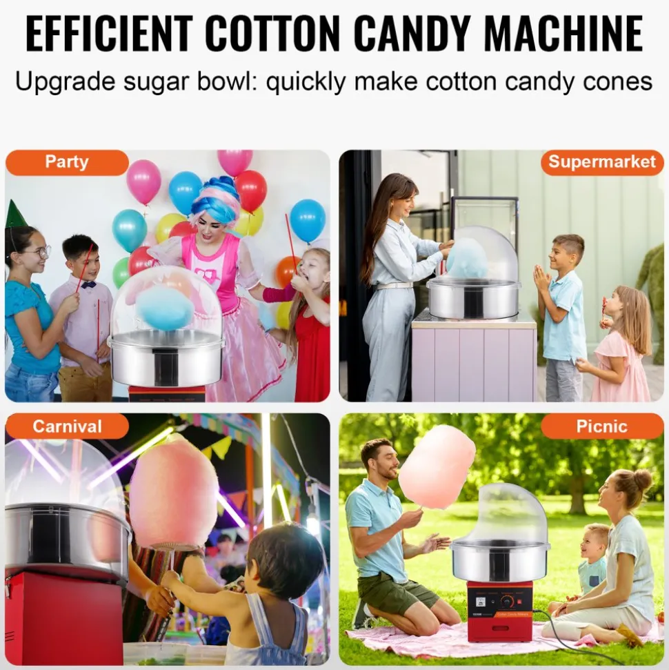 VEVOR Electric Cotton Candy Machine, 1000W Candy Floss Maker, Commercial Cotton Candy Machine with Cover, Stainless Steel Bowl, Sugar Scoop, Drawer, Perfect for Home Kids Birthday, Family Party, Red