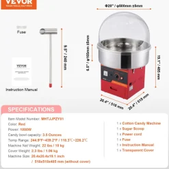 VEVOR Electric Cotton Candy Machine, 1000W Candy Floss Maker, Commercial Cotton Candy Machine with Cover, Stainless Steel Bowl, Sugar Scoop, Drawer, Perfect for Home Kids Birthday, Family Party, Red