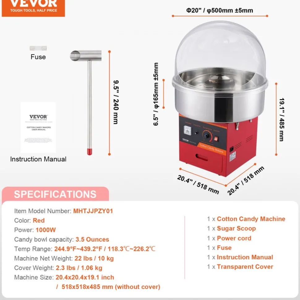VEVOR Electric Cotton Candy Machine, 1000W Candy Floss Maker, Commercial Cotton Candy Machine with Cover, Stainless Steel Bowl, Sugar Scoop, Drawer, Perfect for Home Kids Birthday, Family Party, Red