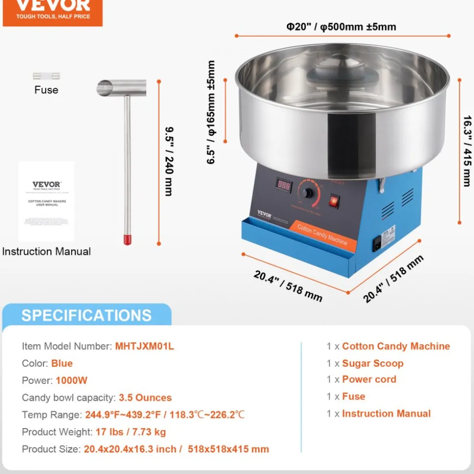 VEVOR Electric Cotton Candy Machine, 1000W Candy Floss Maker, Commercial Cotton Candy Machine with Stainless Steel Bowl, and Sugar Scoop, Perfect for Home Kids Birthday, Family Party (Blue)