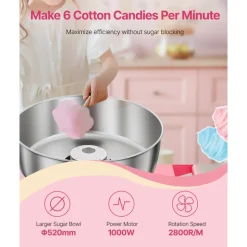 VEVOR Electric Cotton Candy Machine, 1000W Candy Floss Maker, Commercial Cotton Candy Machine with Stainless Steel Bowl, and Sugar Scoop, Perfect for Home Kids Birthday, Family Party (Red)