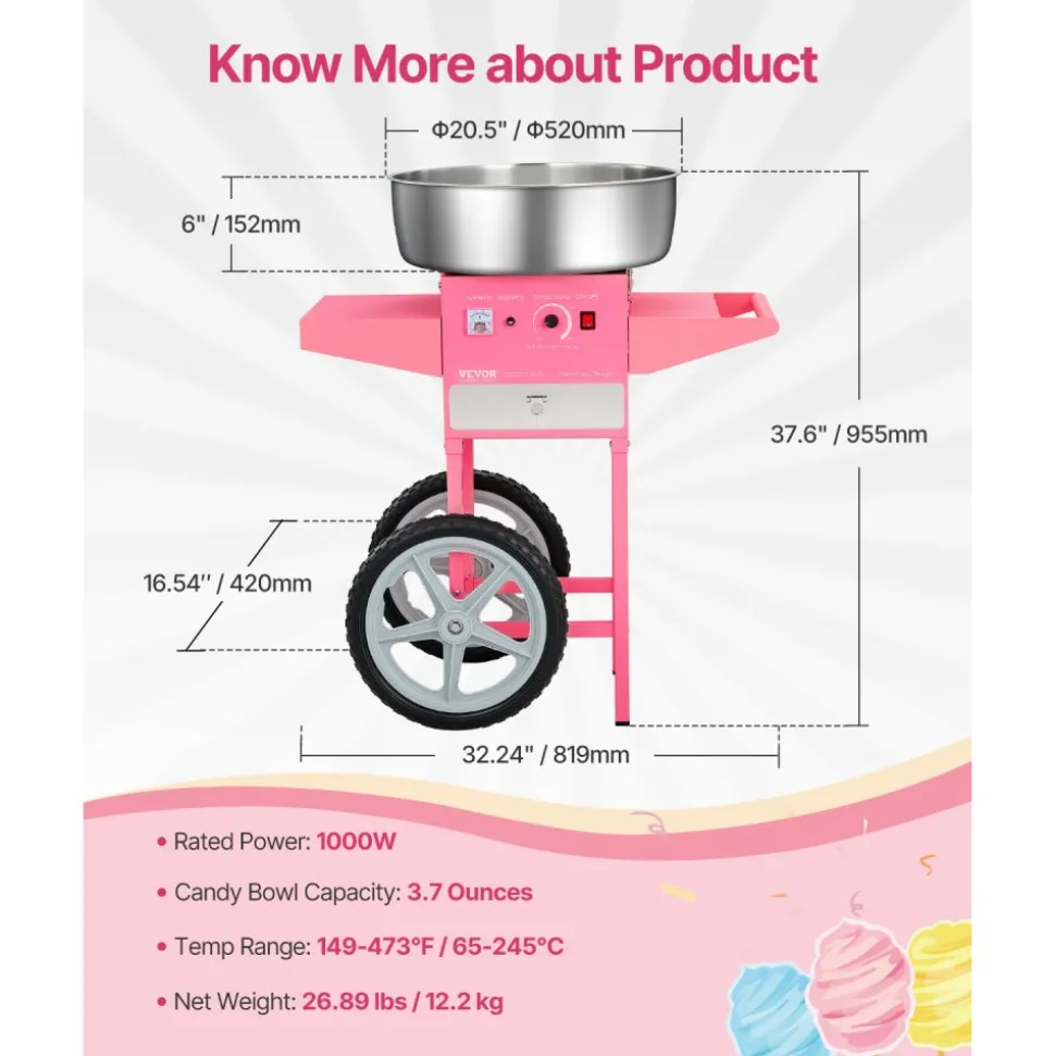 VEVOR Electric Cotton Candy Machine with Cart, 1000W Commercial Candy Floss Maker with 20.5 in Stainless Steel Bowl, Sugar Scoop, and Drawer, Easy to Use, for Home, Kids Birthday, Family Party, Pink
