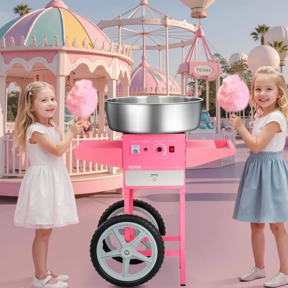 VEVOR Electric Cotton Candy Machine with Cart, 1000W Commercial Candy Floss Maker with 20.5 in Stainless Steel Bowl, Sugar Scoop, and Drawer, Easy to Use, for Home, Kids Birthday, Family Party, Pink