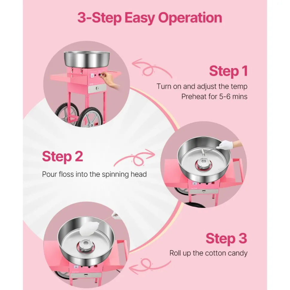 VEVOR Electric Cotton Candy Machine with Cart, 1000W Commercial Candy Floss Maker with 20.5 in Stainless Steel Bowl, Sugar Scoop, and Drawer, Easy to Use, for Home, Kids Birthday, Family Party, Pink