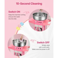 VEVOR Electric Cotton Candy Machine with Cart, 1000W Commercial Candy Floss Maker with 20.5 in Stainless Steel Bowl, Sugar Scoop, and Drawer, Easy to Use, for Home, Kids Birthday, Family Party, Pink