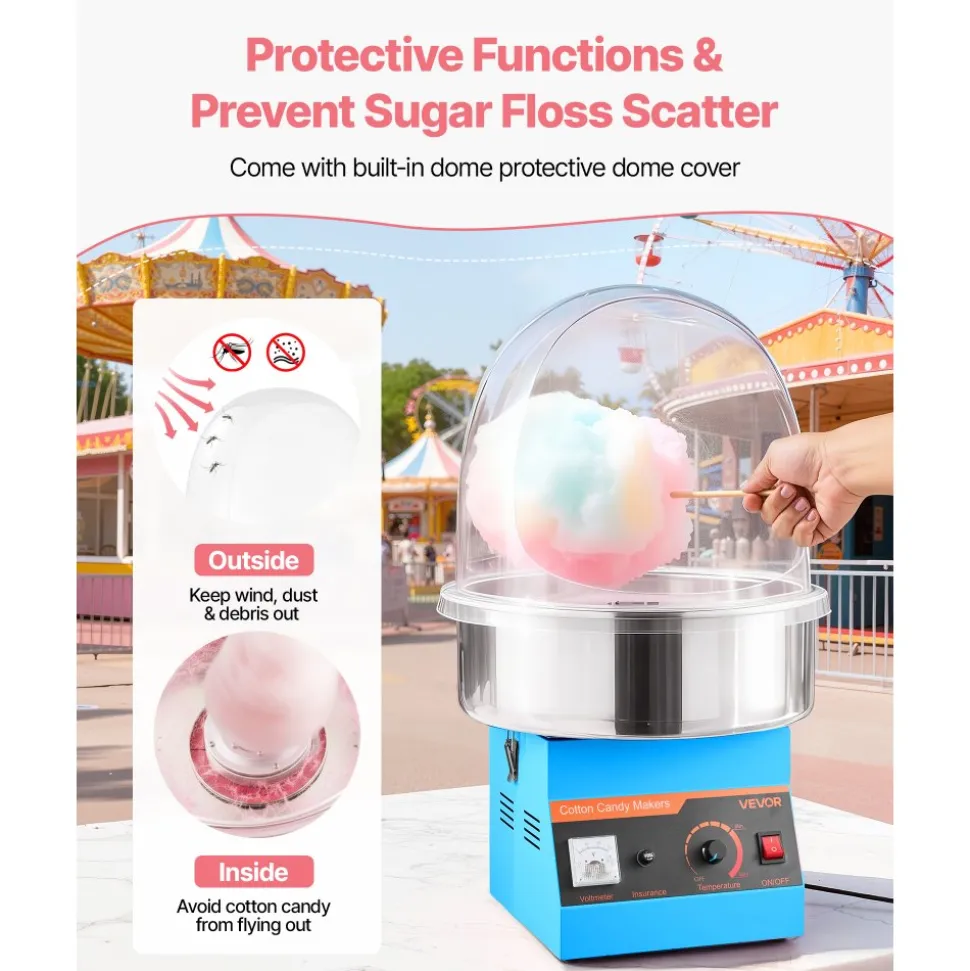 VEVOR Electric Cotton Candy Machine, 1000W Commercial Floss Maker With Cover, Commercial Cotton Candy Machine w/Stainless Steel Bowl & Sugar Scoop, Ideal for Carnival, Birthday, Family Party, Blue