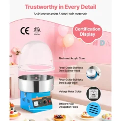 VEVOR Electric Cotton Candy Machine, 1000W Commercial Floss Maker With Cover, Commercial Cotton Candy Machine w/Stainless Steel Bowl & Sugar Scoop, Ideal for Carnival, Birthday, Family Party, Blue